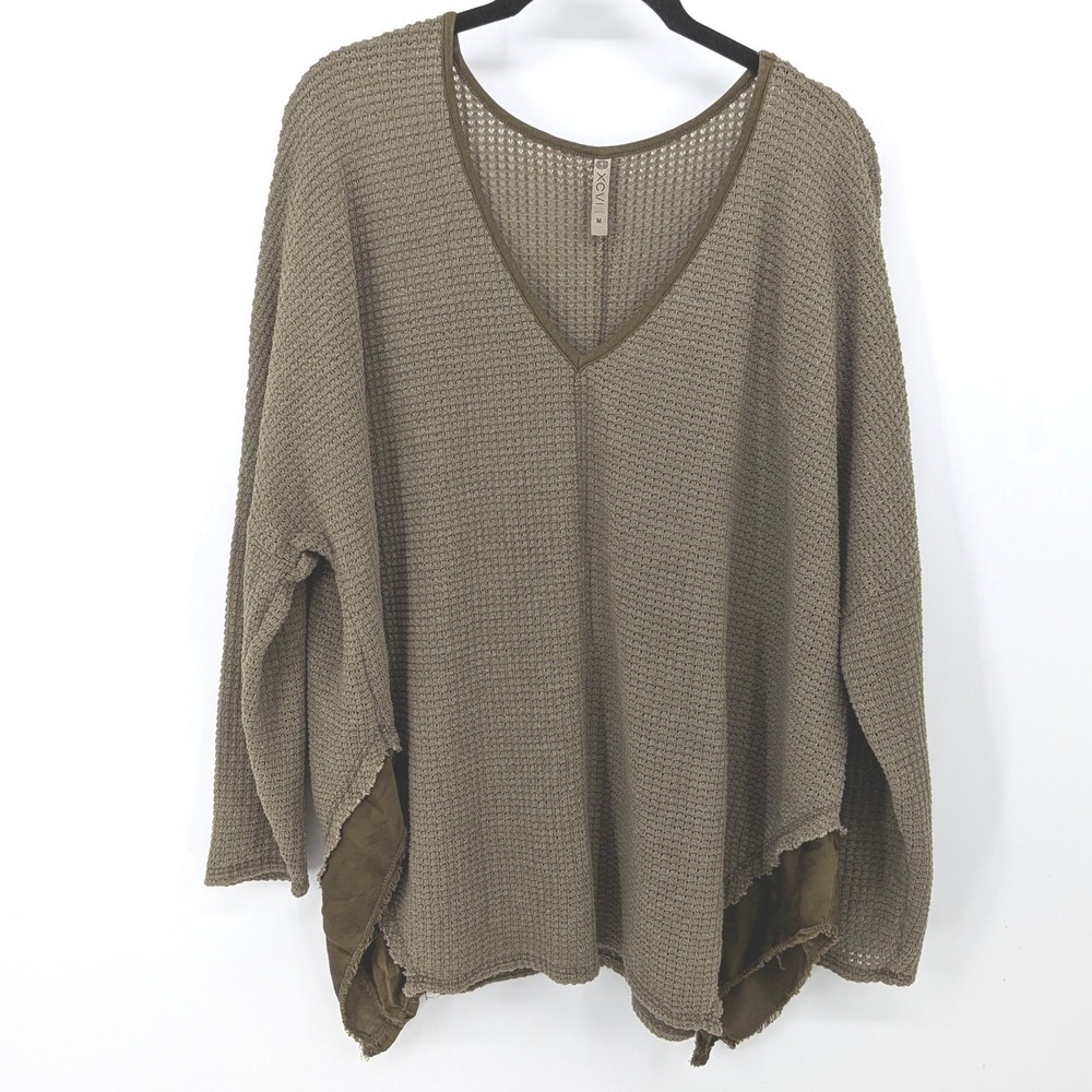 XCVI Waffle Knit Top Women Medium Olive Green Oversized Mixed Media Long Sleeve